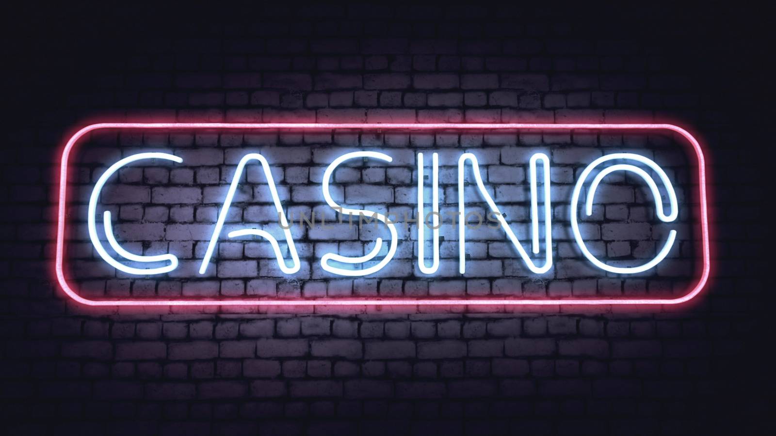 Casino sign on a white brick wall. Illustration. 