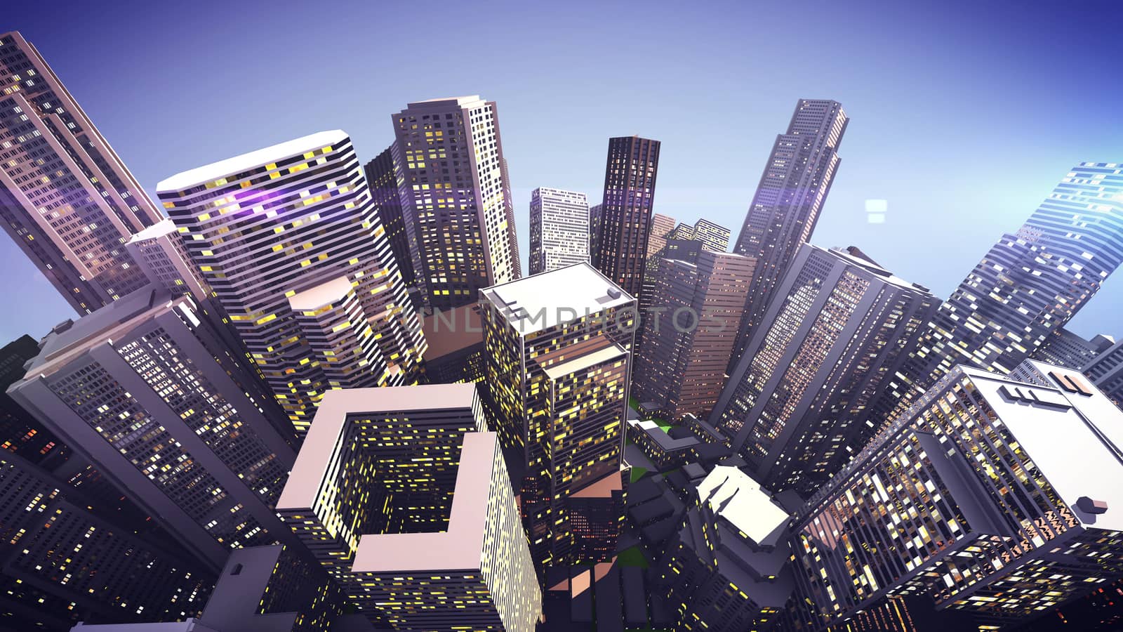 Close up view of Skyscrapers on a globe city.  3D rendering.