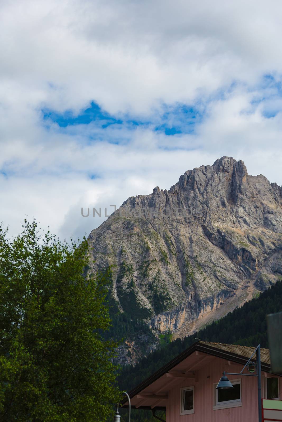 house on a background of mountains in the Alps