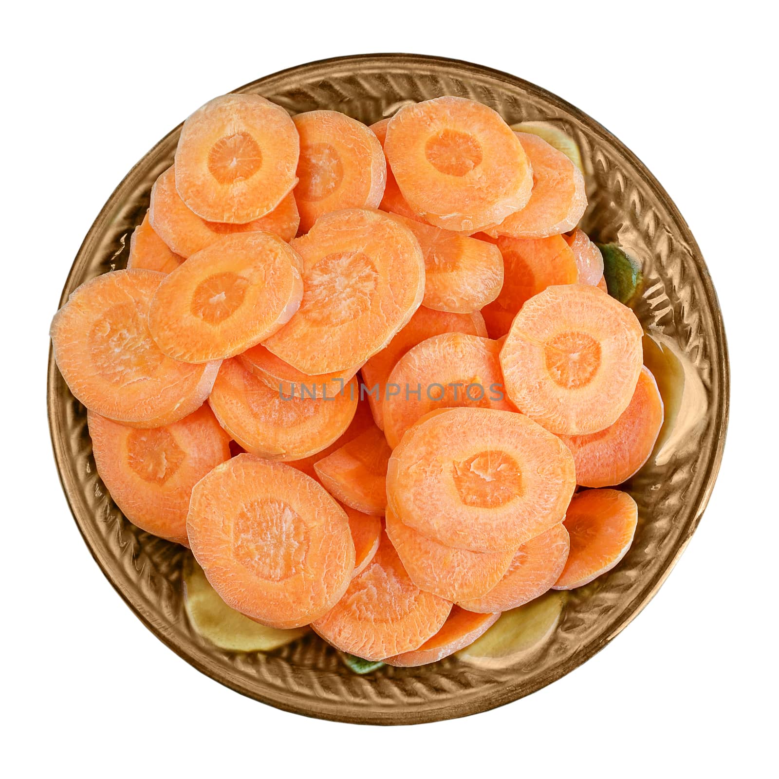 Sliced carrots in a bowl, isolated on white background