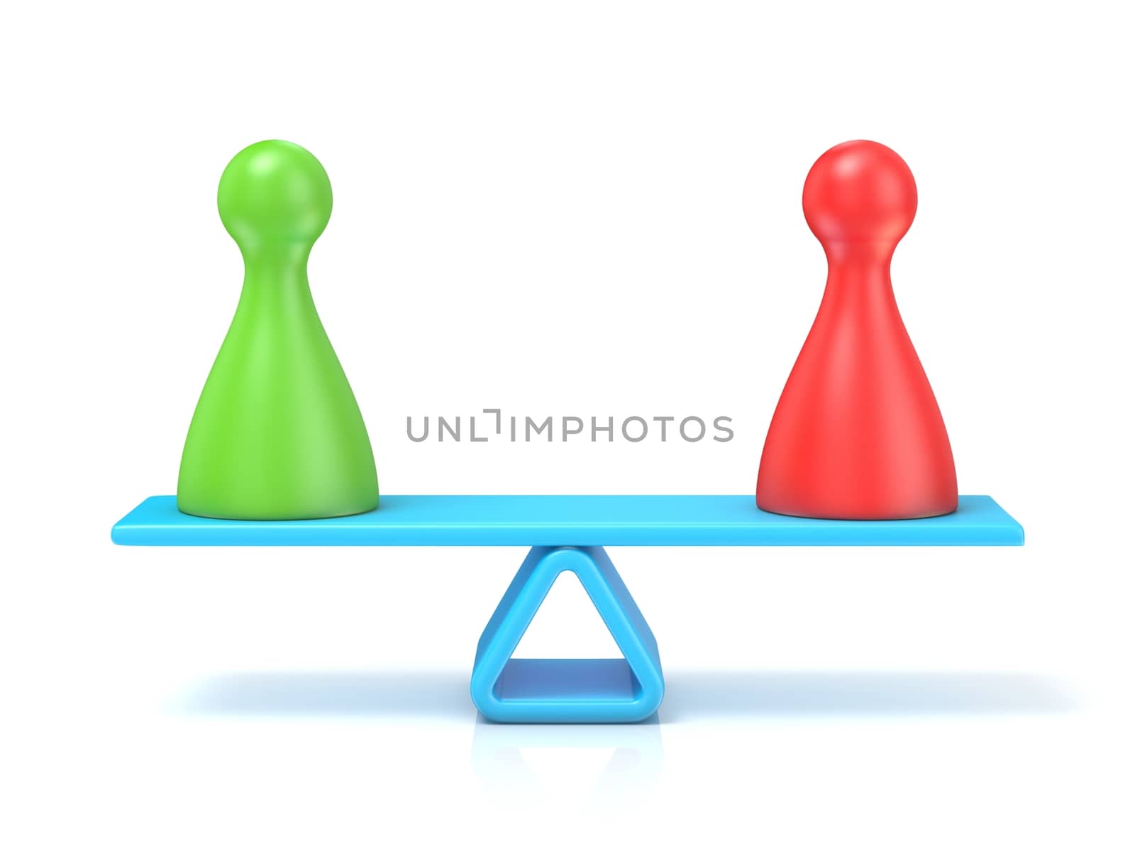 Pawns figures seesaw. 3D render illustration isolated on white background
