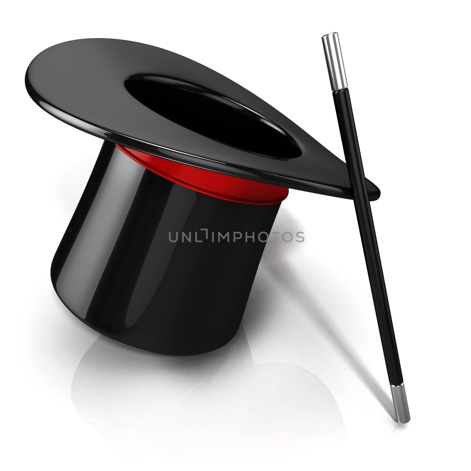 Magic hat and wand, 3D render isolated on white background. Side view