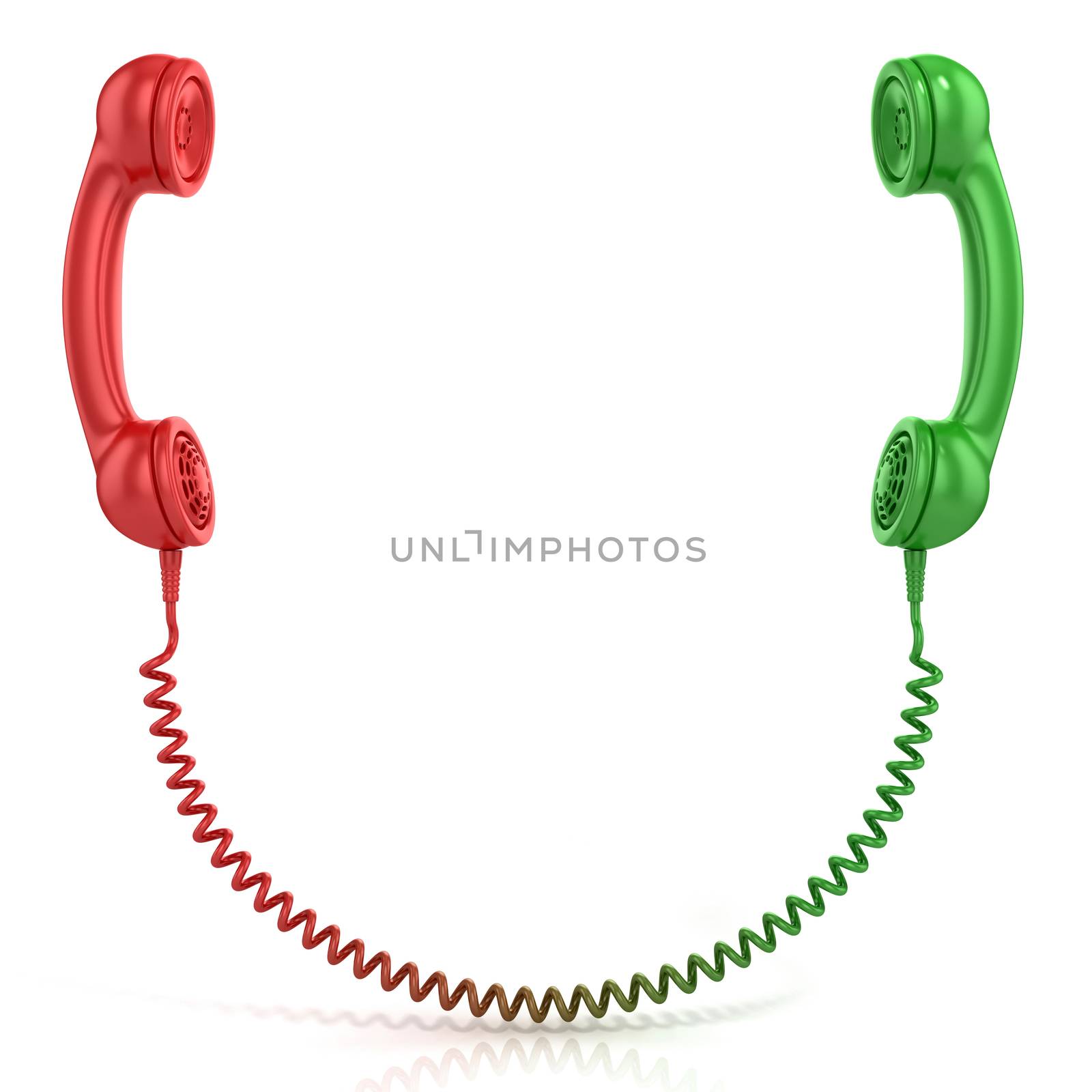 Red and green old fashioned telephone handset isolated on a white concept for emergency calls, front view