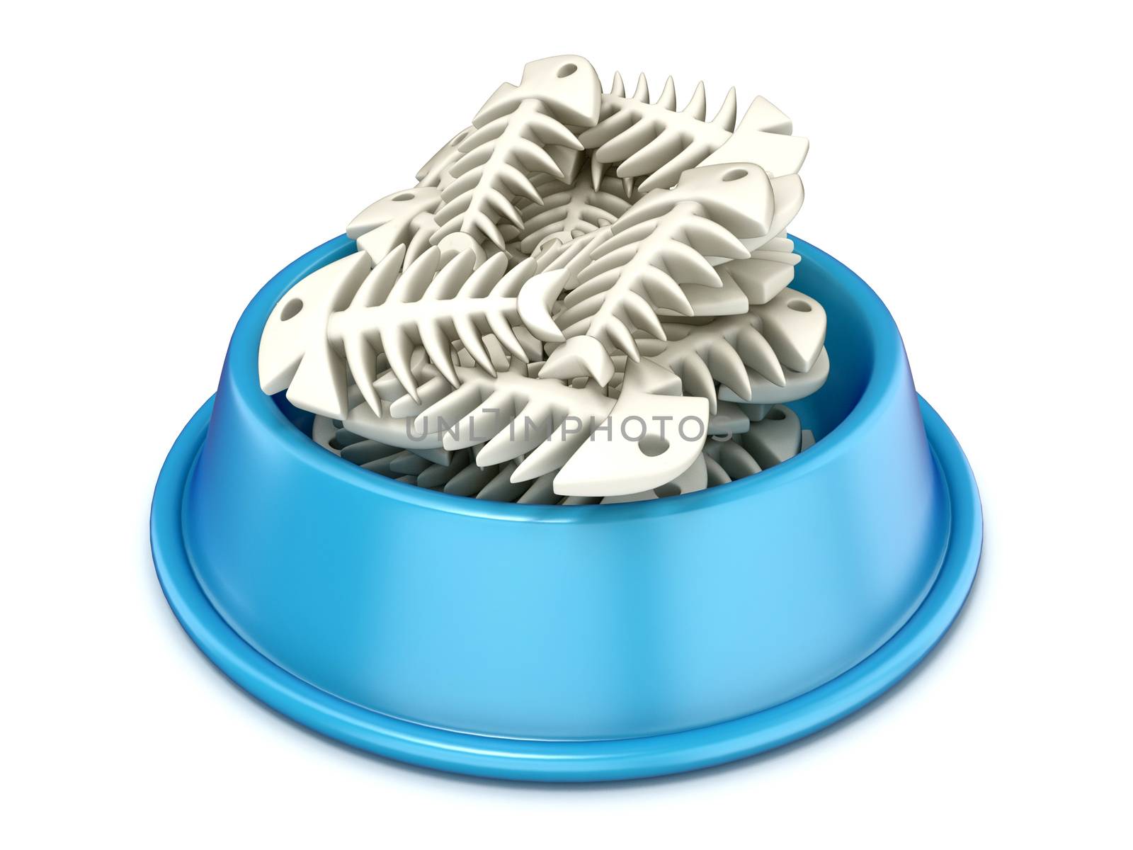 Blue cat bowl with fish bones, 3D render illustration isolated on white background