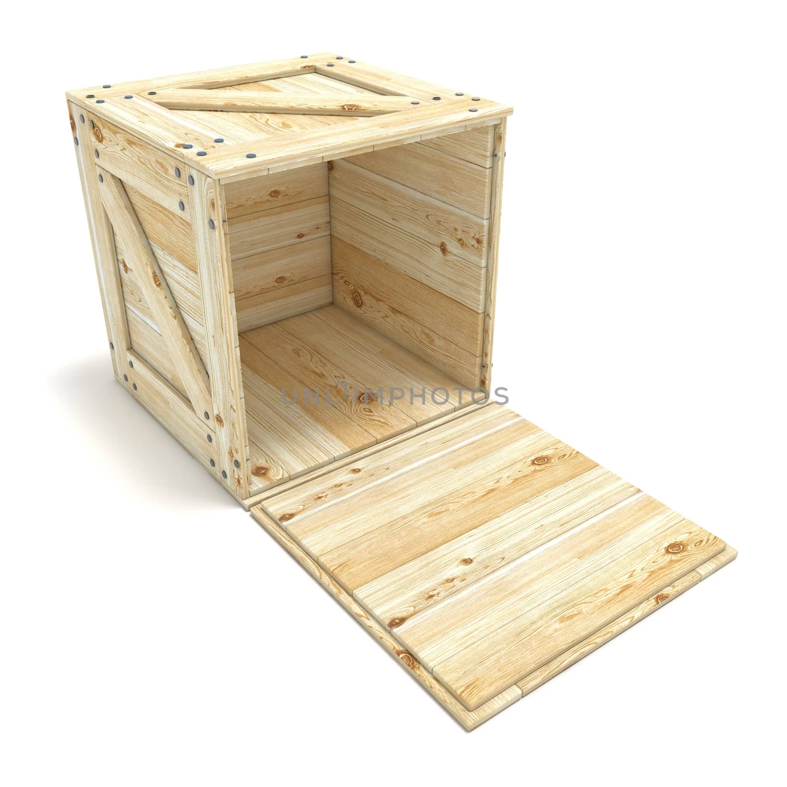 Open wooden box. 3D render illustration isolated on white background