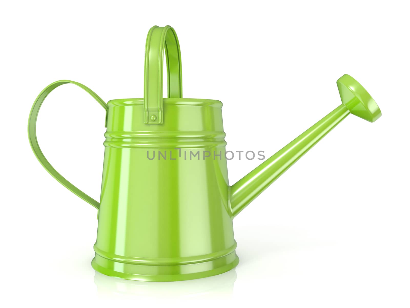 Green watering can 3D render isolated white background. Side view