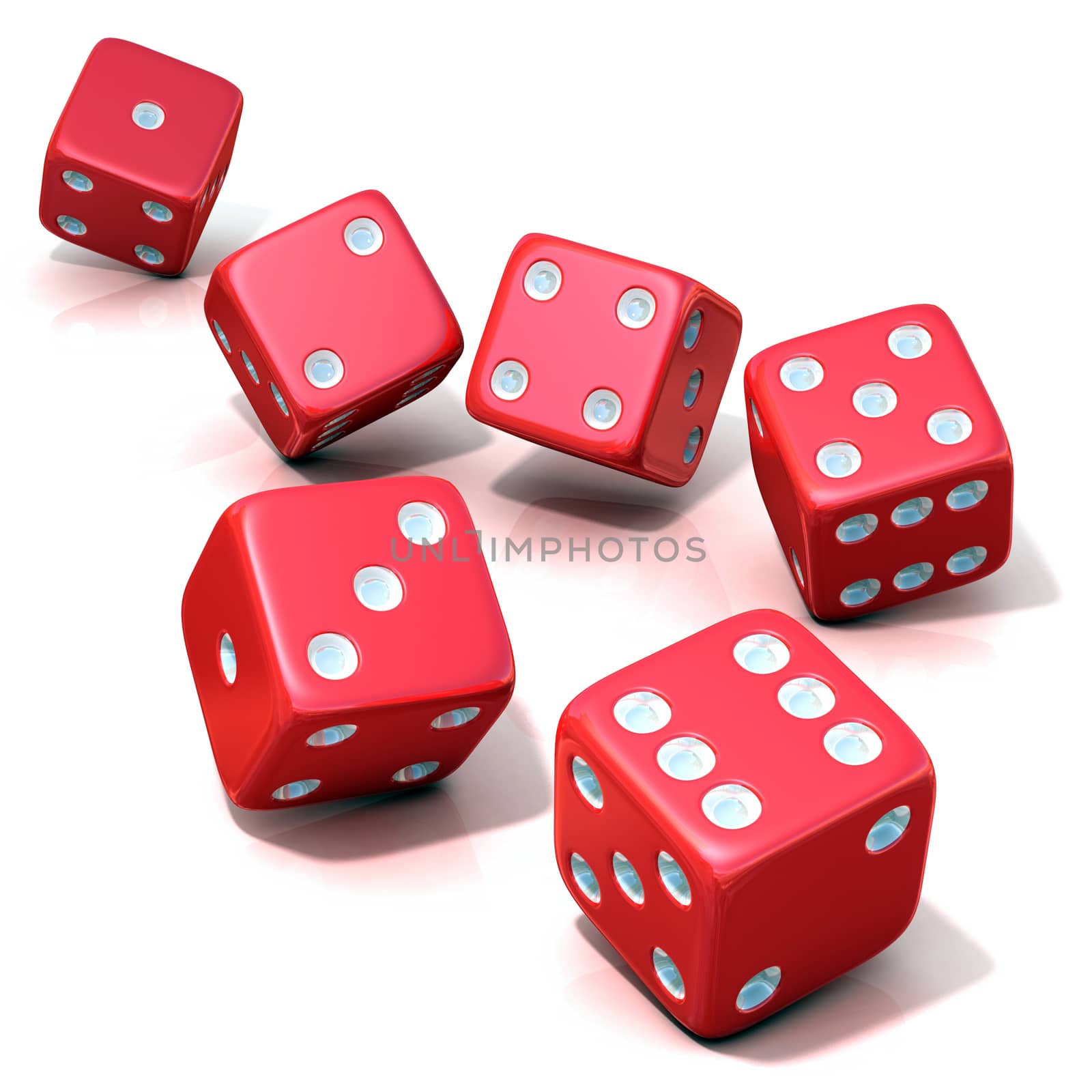 Six red game dices isolated on white background