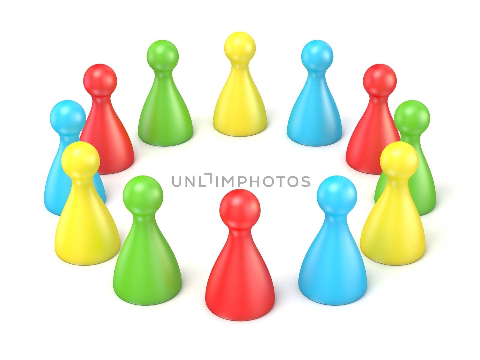 Board game pieces. Scene made of toy pawns. 3D render illustration isolated on white background