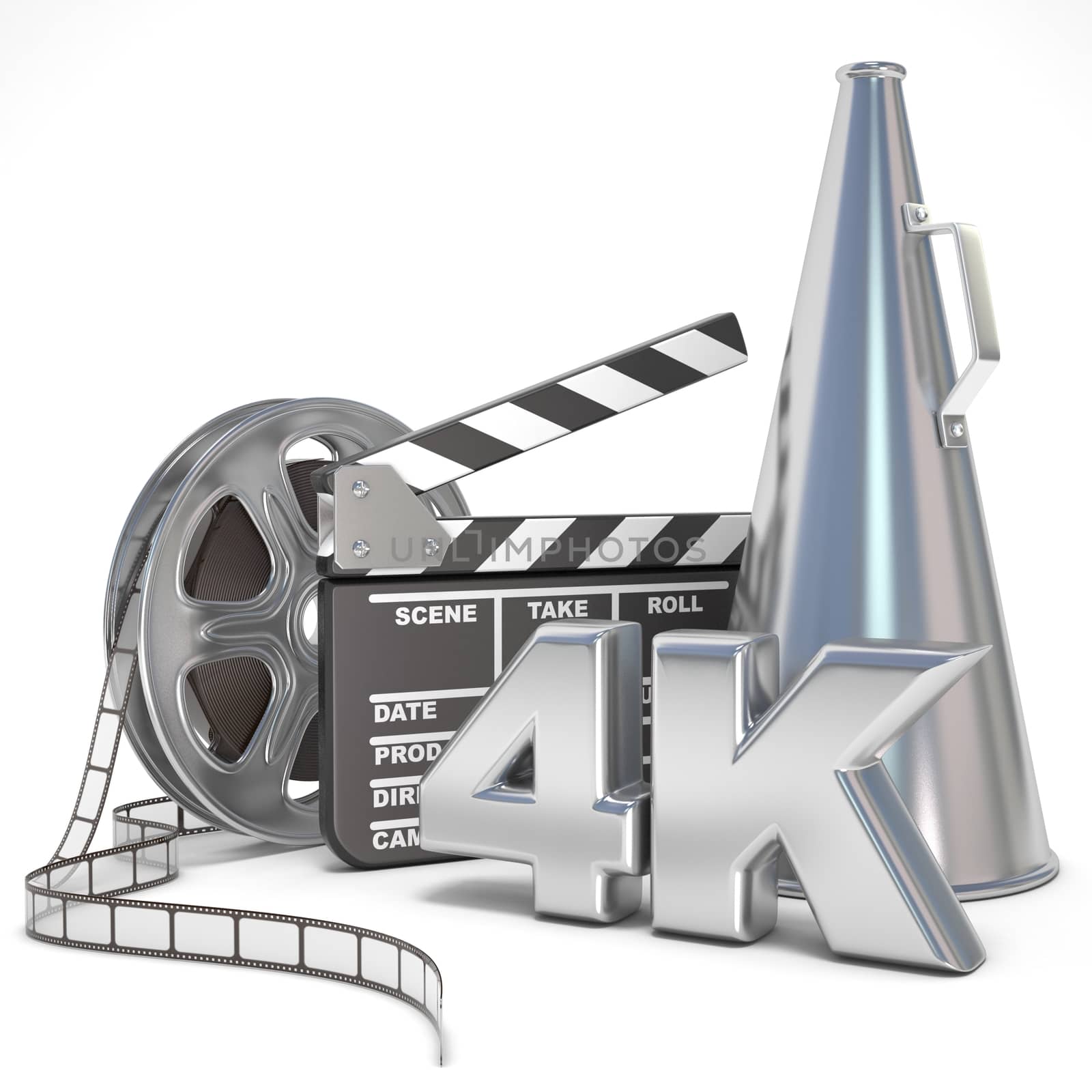 Video, movie, cinema production concept. Reels, clapperboard, megaphone and 4K. 3D render illustration isolated on white background