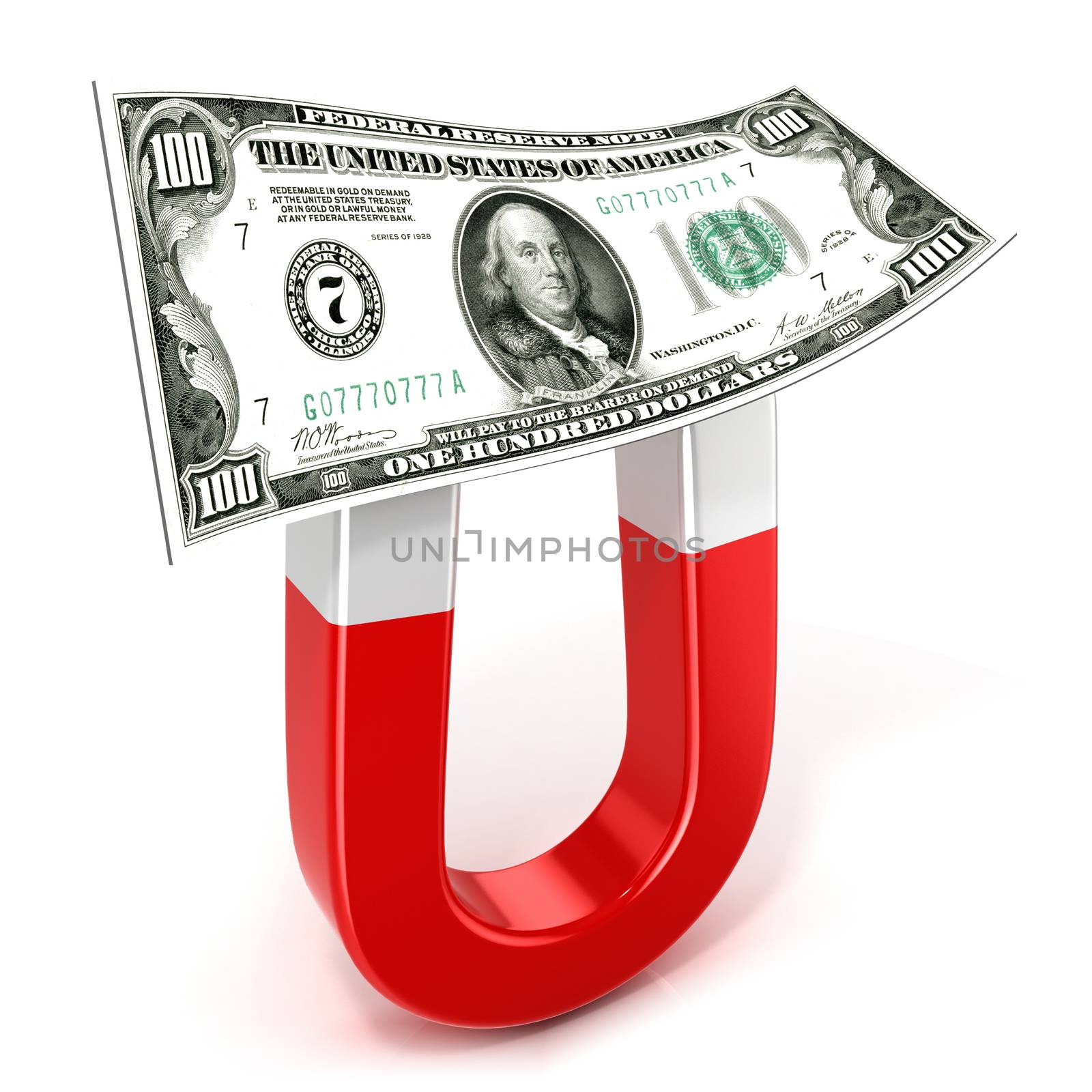 Horseshoe magnet collecting money , isolated on white background