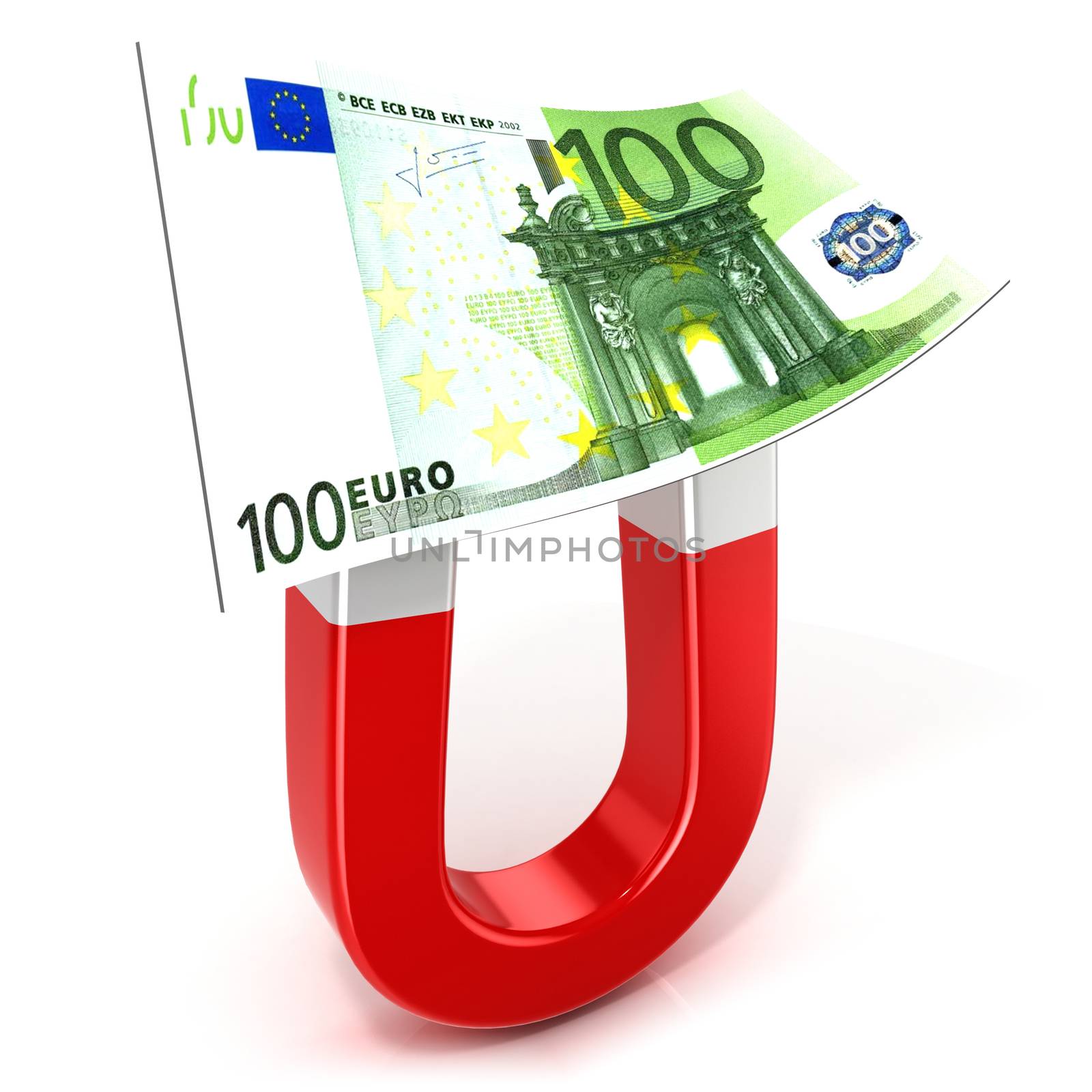 Horseshoe magnet collecting money, isolated on white background