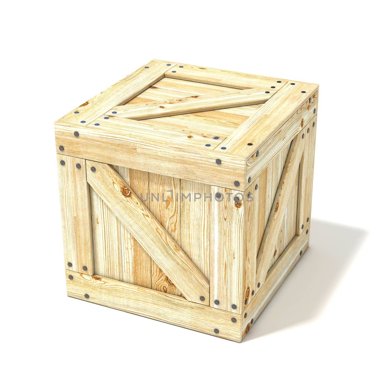 Wooden box. Side view. 3D render illustration isolated on a white background