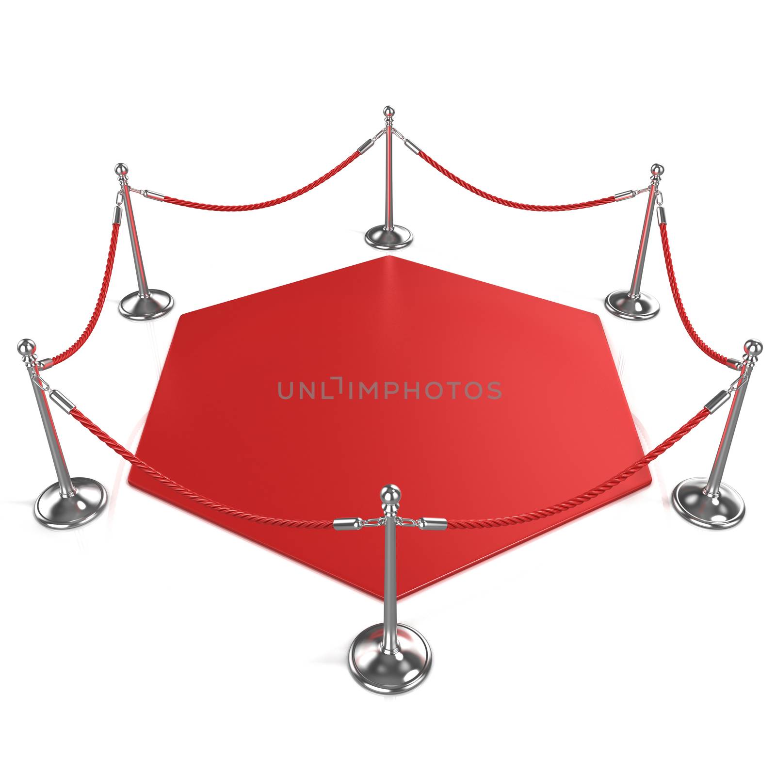 Red hexagon carpet surrounded with red rope and silver column, isolated on white background