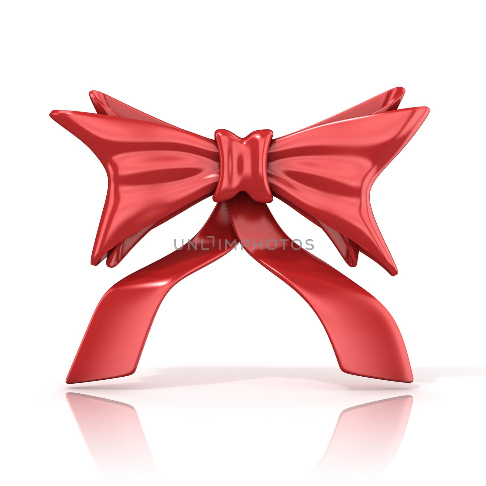 Red ribbon bow with tails, 3D render isolated on white background. Sharp edge
