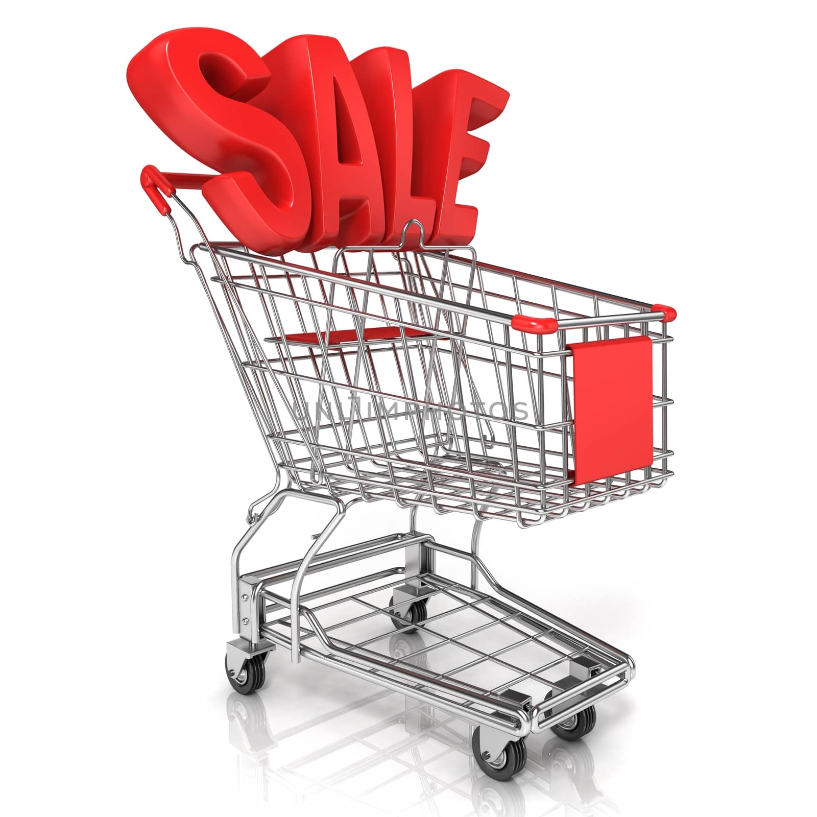 Red shopping cart with sale sign, isolated on white background