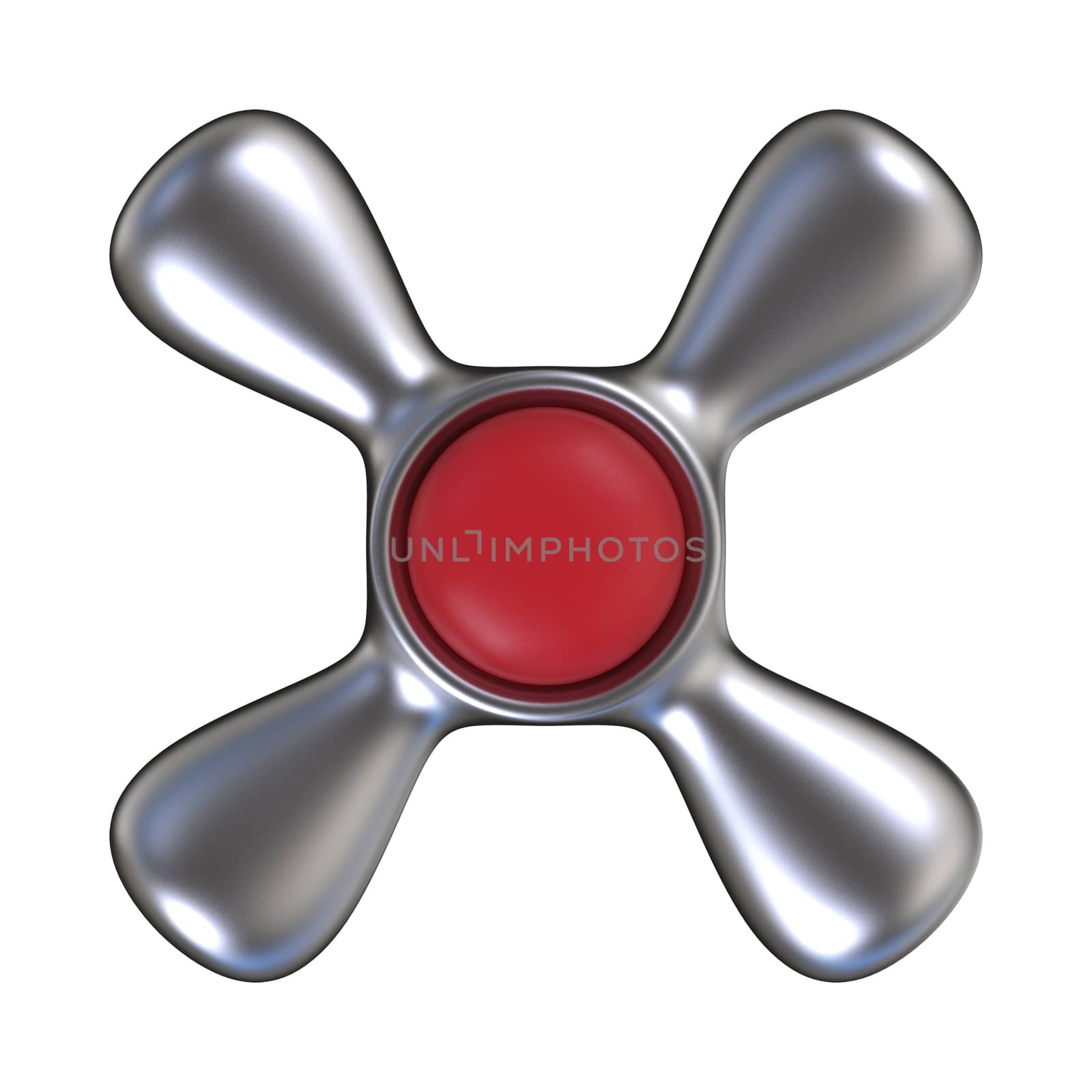 Water tap with red plastic center. Top view. 3D render illustration isolated on white background