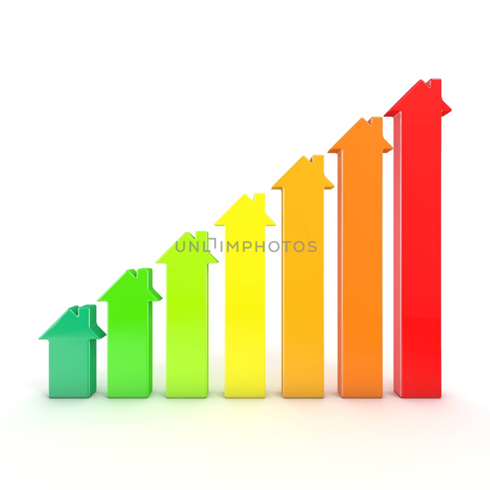 Energy efficiency graph bars represented as houses. 3D render illustration isolated on white background