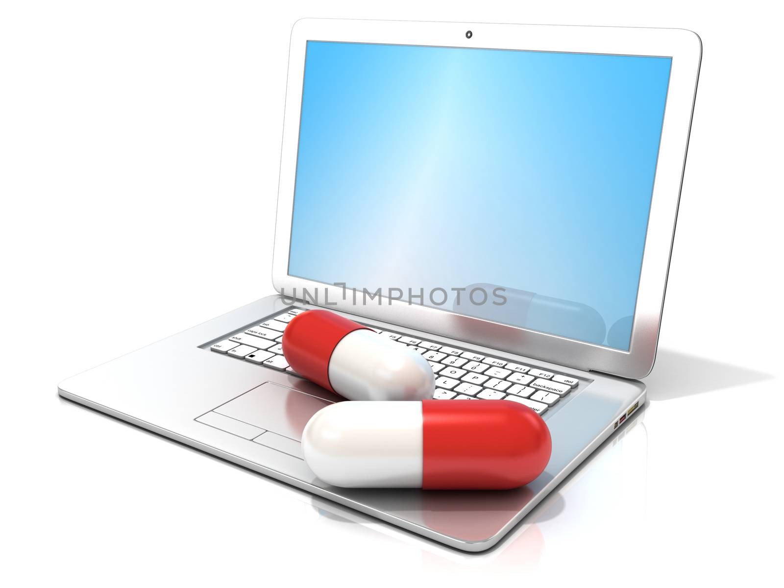 Laptop with two red pills. 3D by djmilic