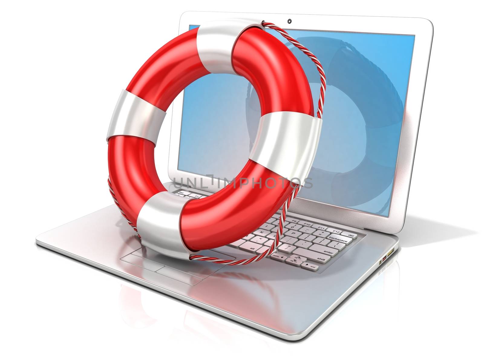 Laptop with lifebuoy. 3D rendering - concept of computer, online help and safety internet surfing. Isolated on white background