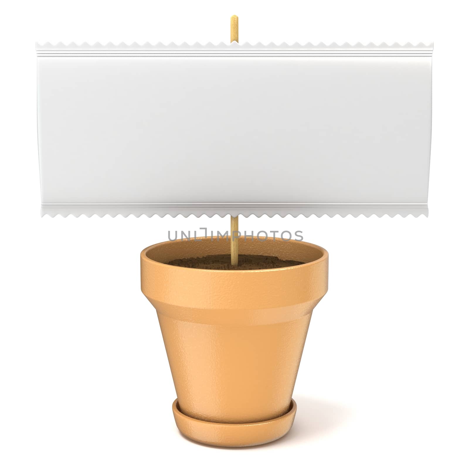 Clay plant pot with blank paper sign on wooden stick. 3D render illustration isolated on white background