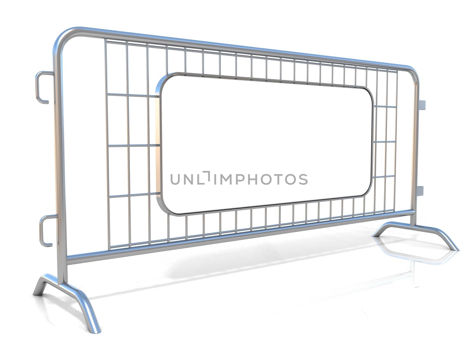 Steel barricades, isolated on white background. Side view, with sign board