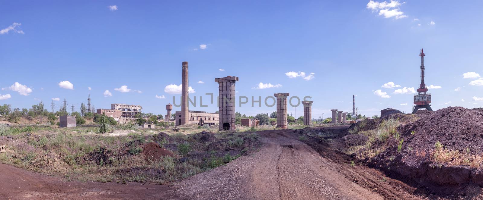 panoramic shot of the old factory ruins against the sky