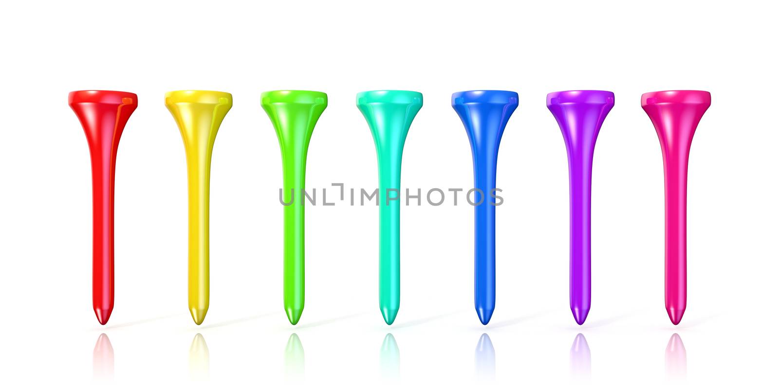 Colorful golf tees. 3D render illustration