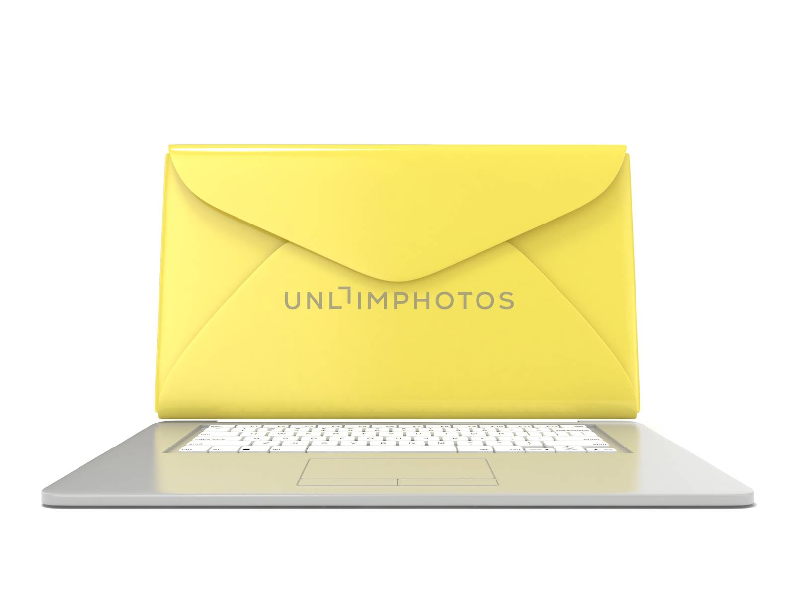 Closed envelope on laptop. Front view. 3D render illustration isolated on white background