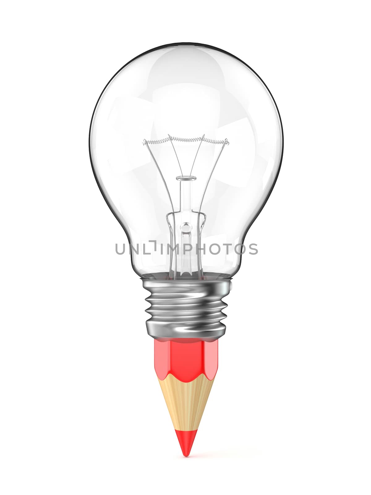 Pencil light bulb as creative concept. 3D render illustration isolated on white background