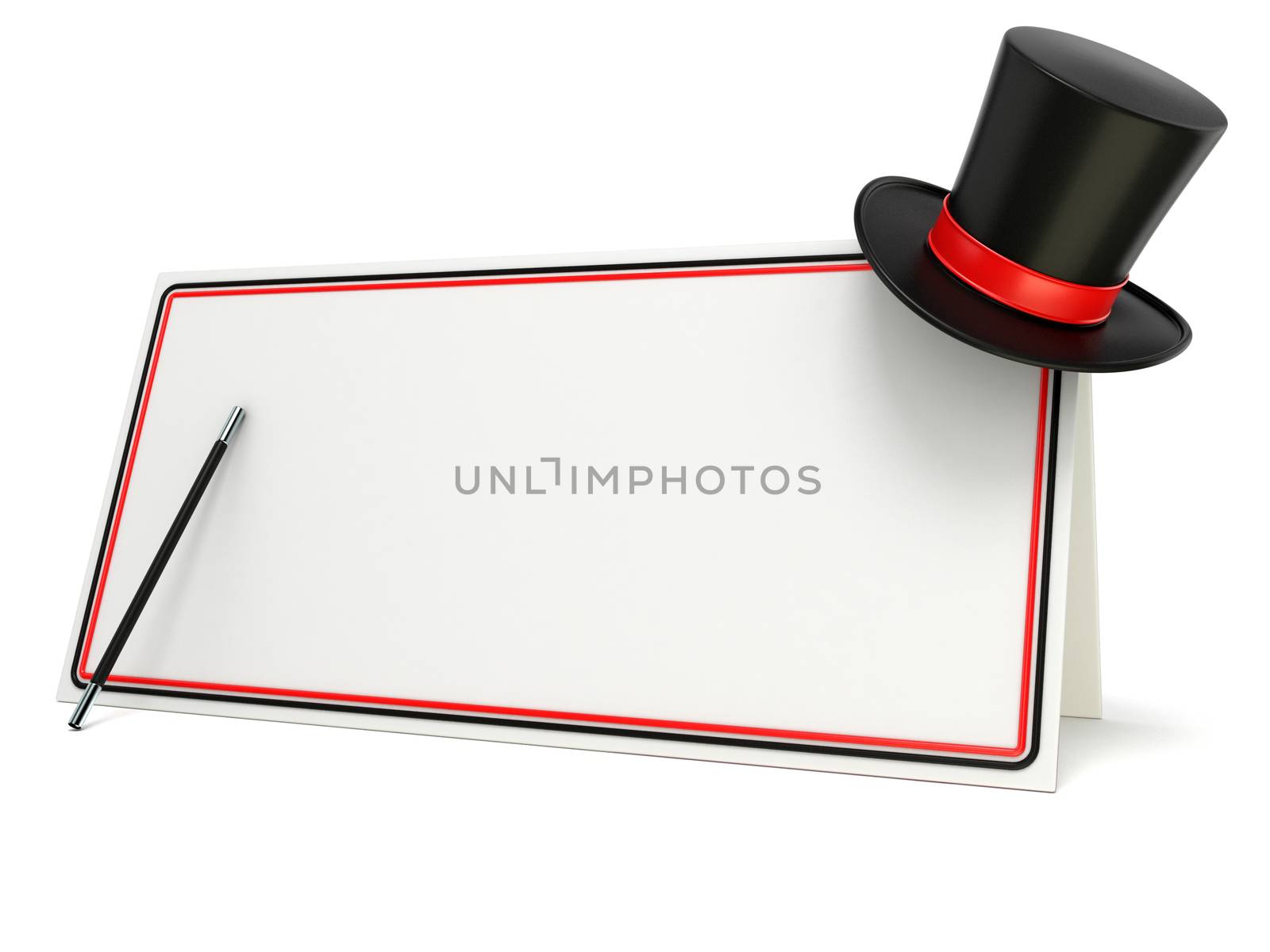 Magic wand and hat on blank board with black and red border. 3D by djmilic