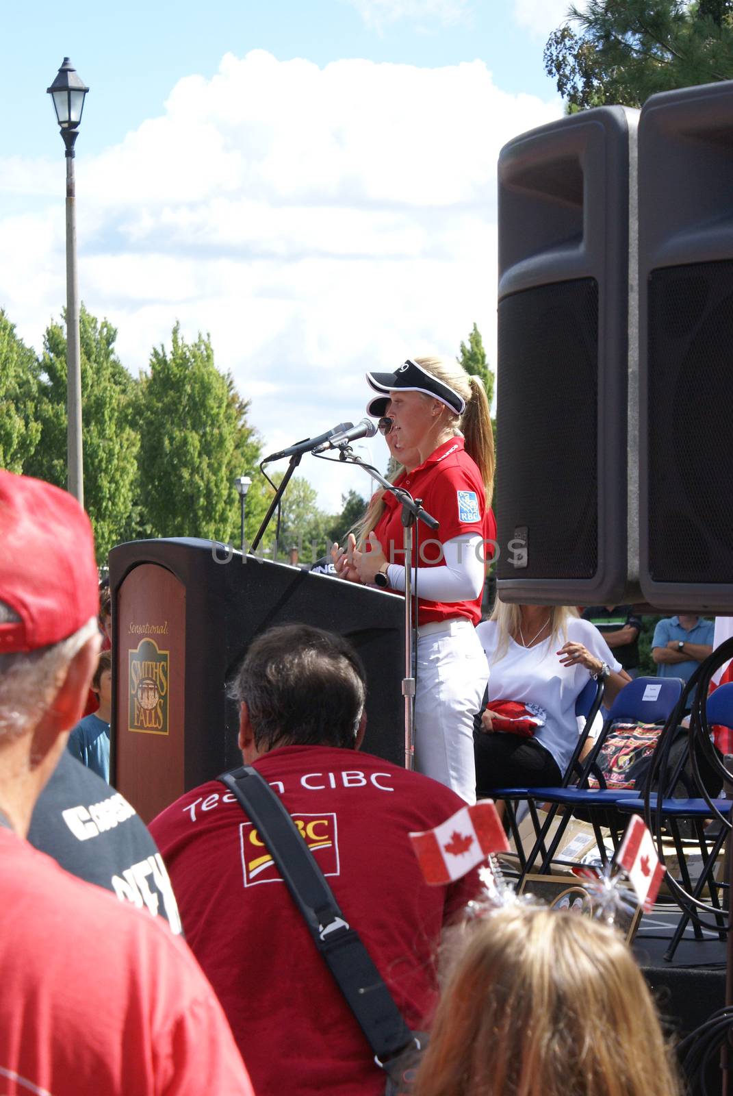 SMITHS FALLS, ON, CANADA, SEPTEMBER 09, 2016 - A 50 Editorial Image Series of Pro Golf Sensations Brooke M. Henderson and her sister Brittany Henderson giving a speech in front of their Hometown of Smiths Falls shortly after the efforts in the Summer Rio Olympics.