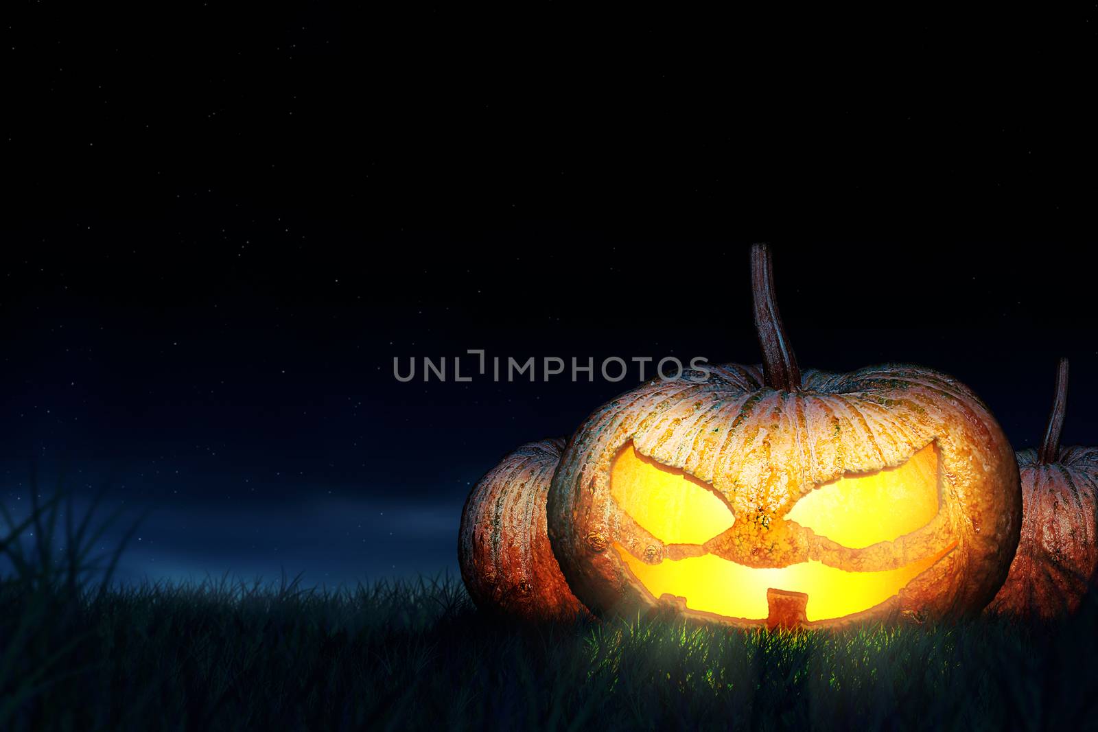 Halloween pumpkins are symbols of halloween night. Located in the middle of the field. Behind is the night sky.