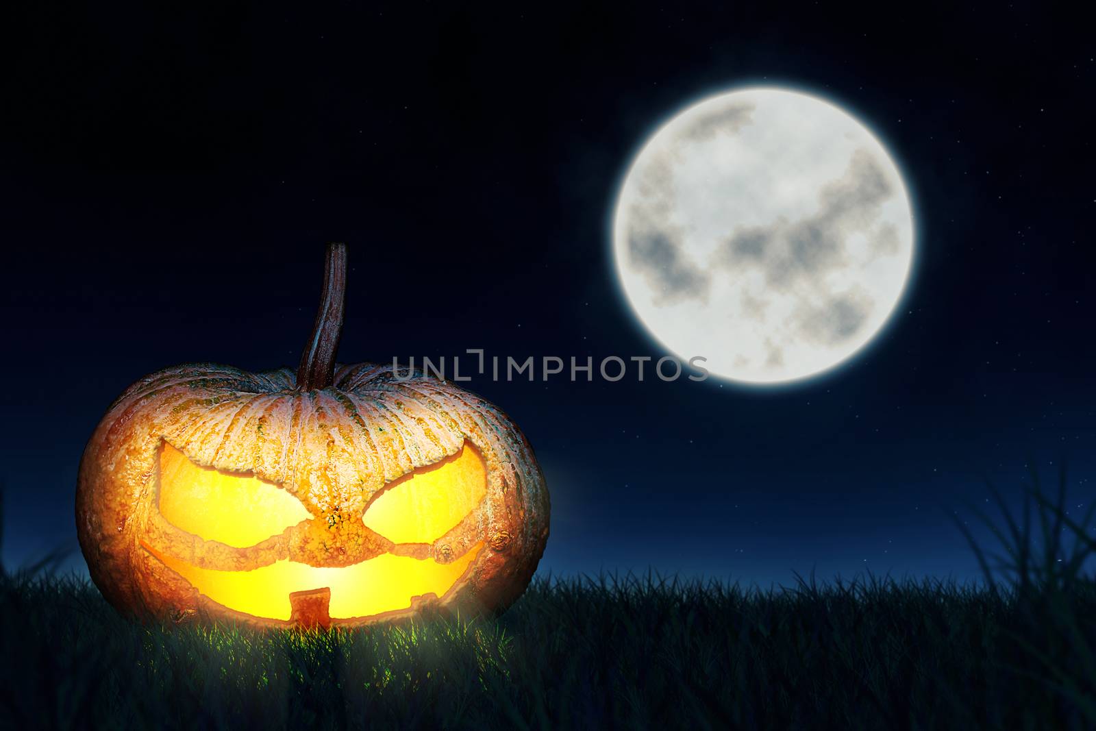 Halloween pumpkins are symbols of halloween night. Located in the middle of the field. Behind is the full moon and night sky.