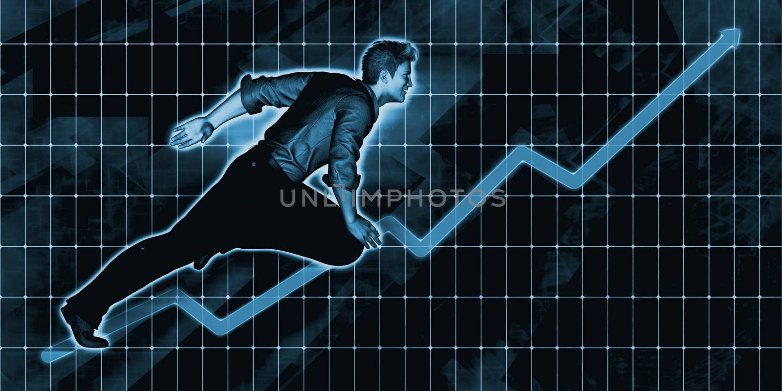 European Businessman Charging Ahead on Blue Background Art