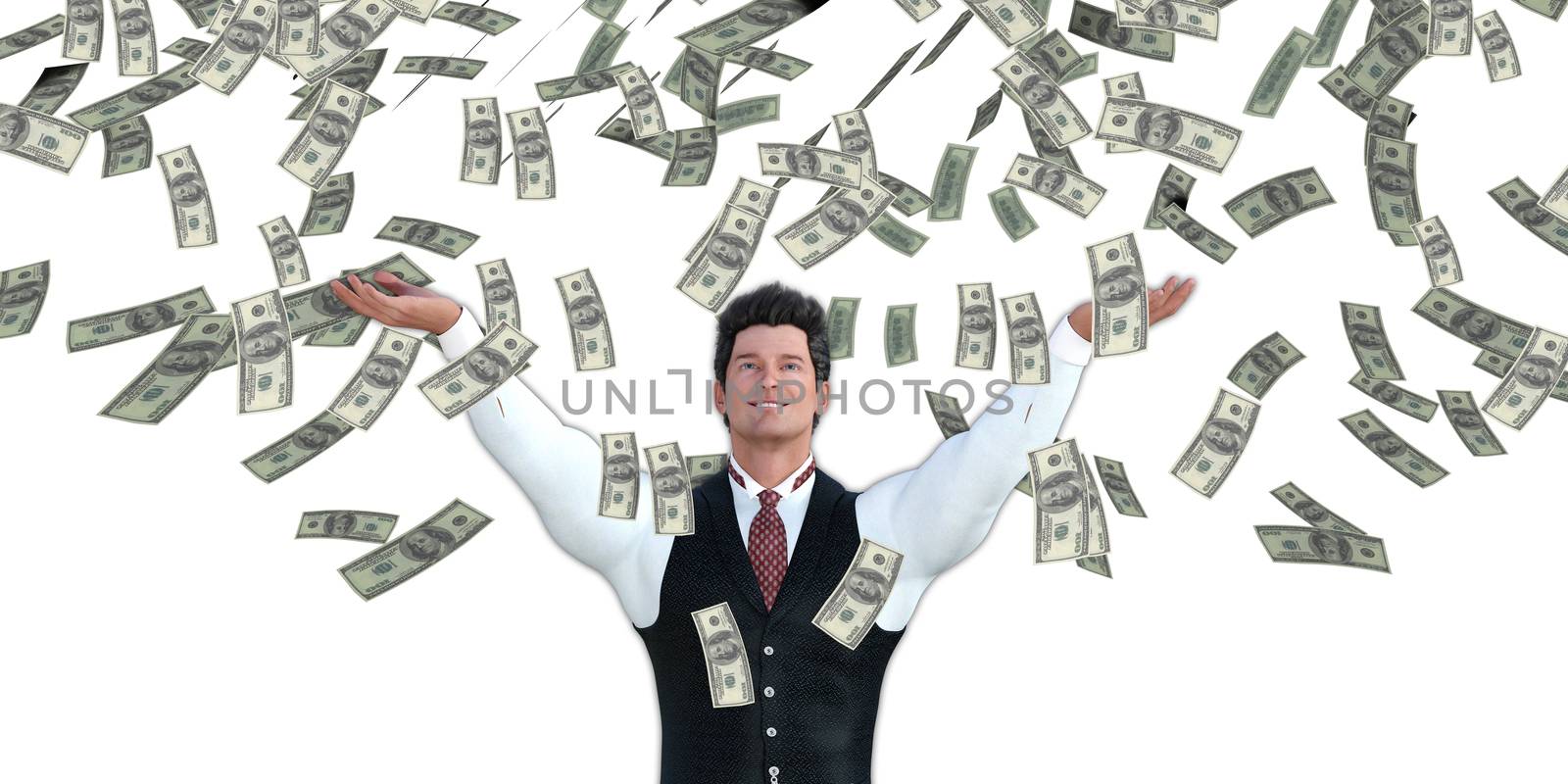 Corporate Business Man Catching Money Falling From the Sky in US Dollars