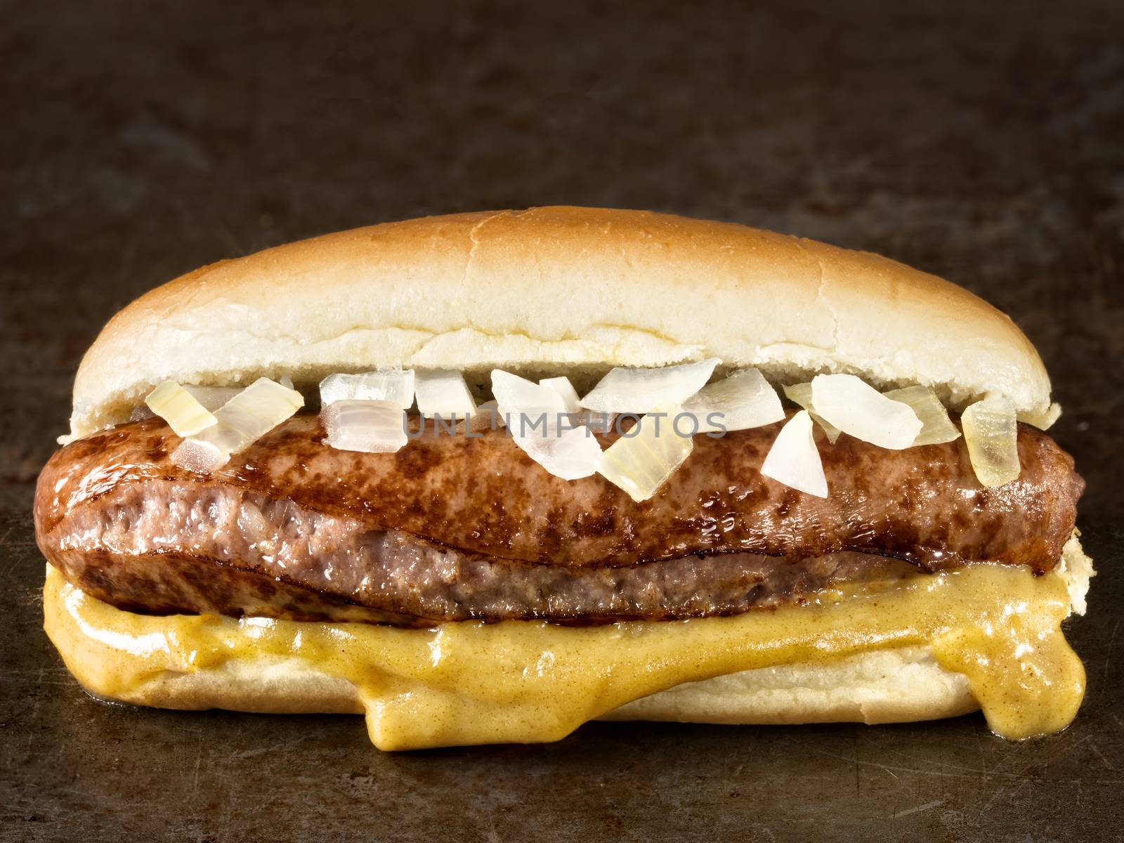 rustic american hot dog with mustard and onion by zkruger