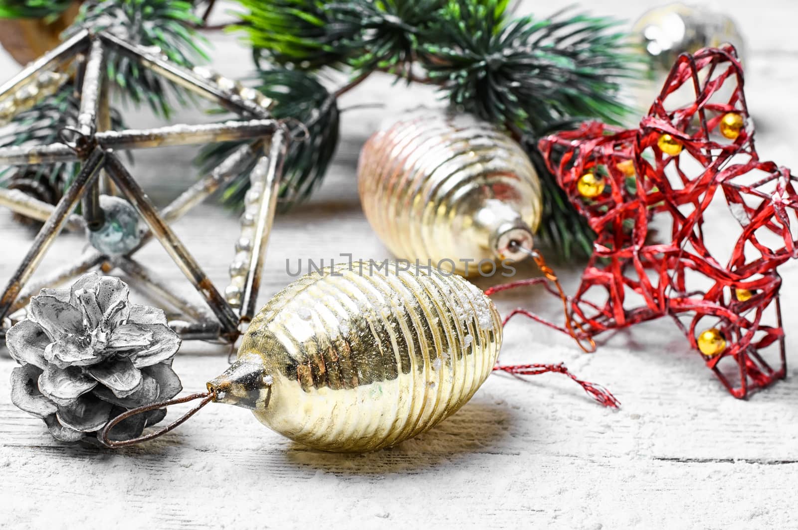 Fashionable retro Christmas decorations of the Soviet era on white background