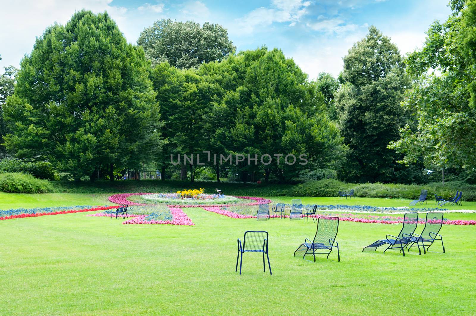 Lounge chairs for relaxing in the summer park