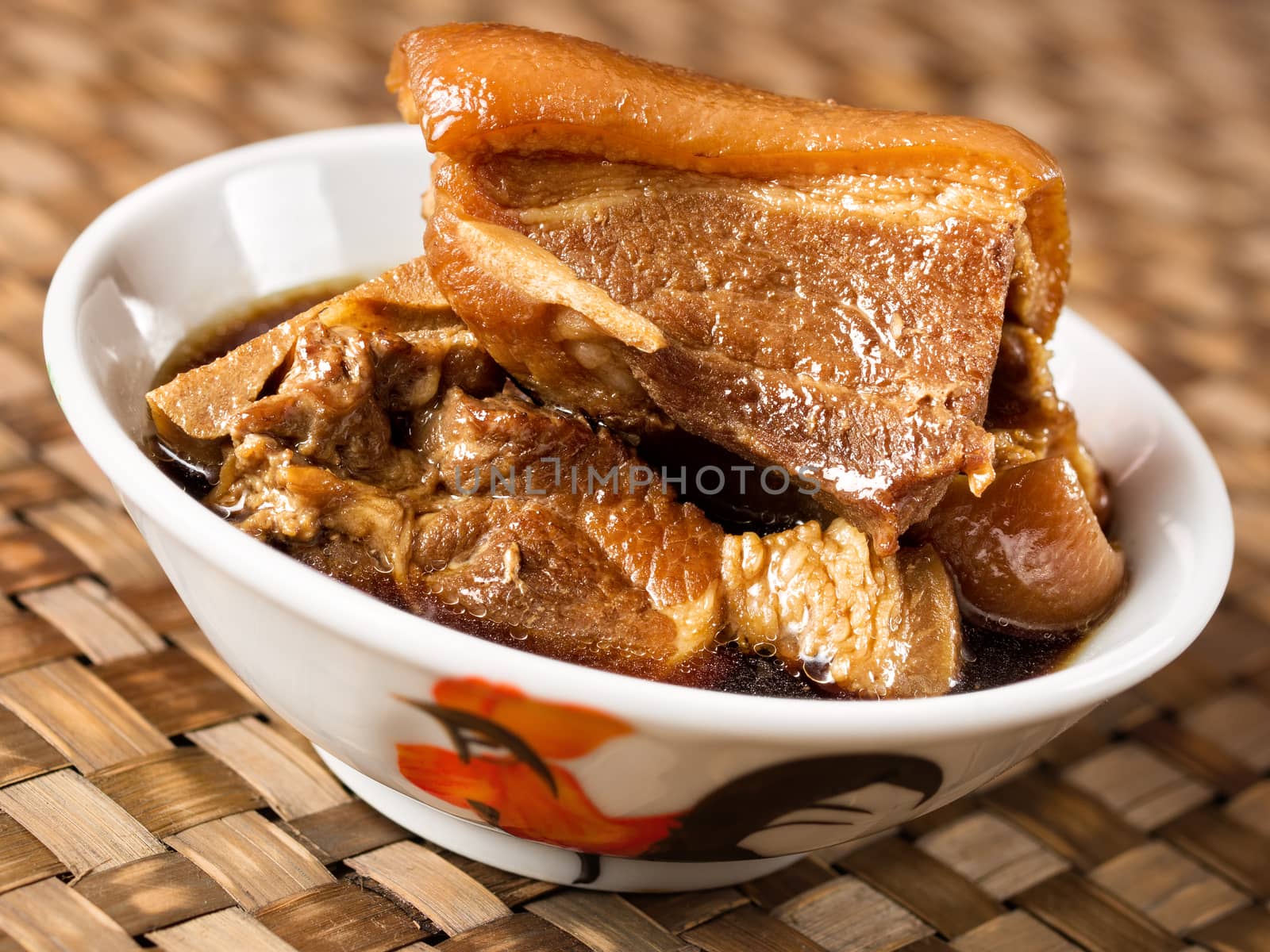 close up of a bowl of chinese braised pork