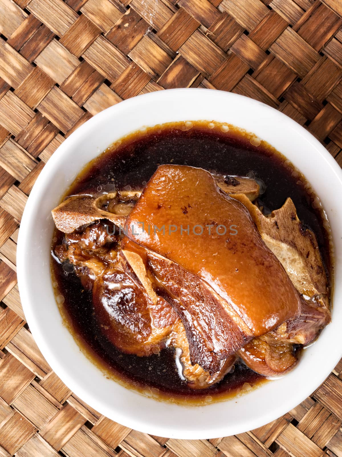 close up of a bowl of chinese braised pork