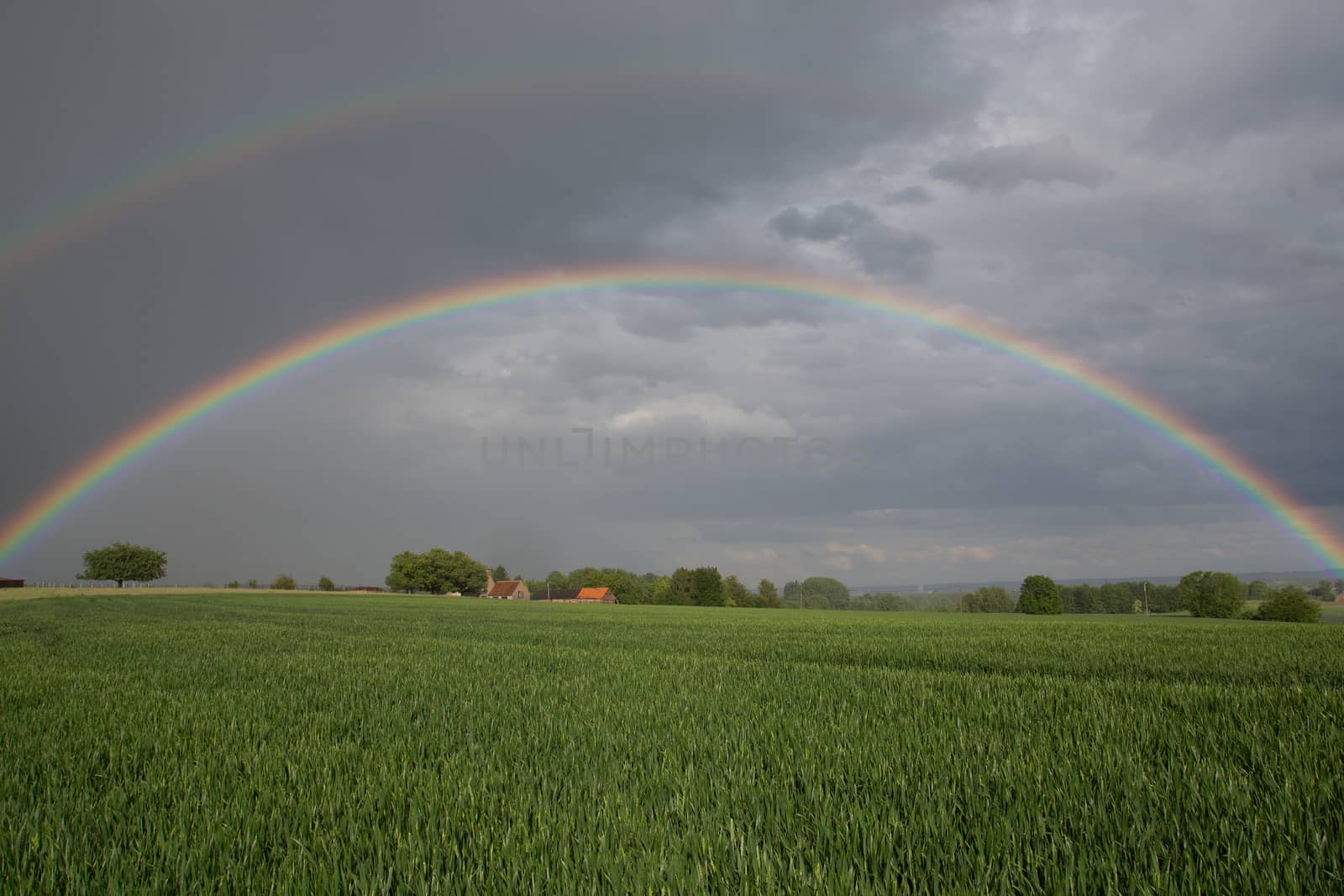 Natural rainbow over green field and dark sky