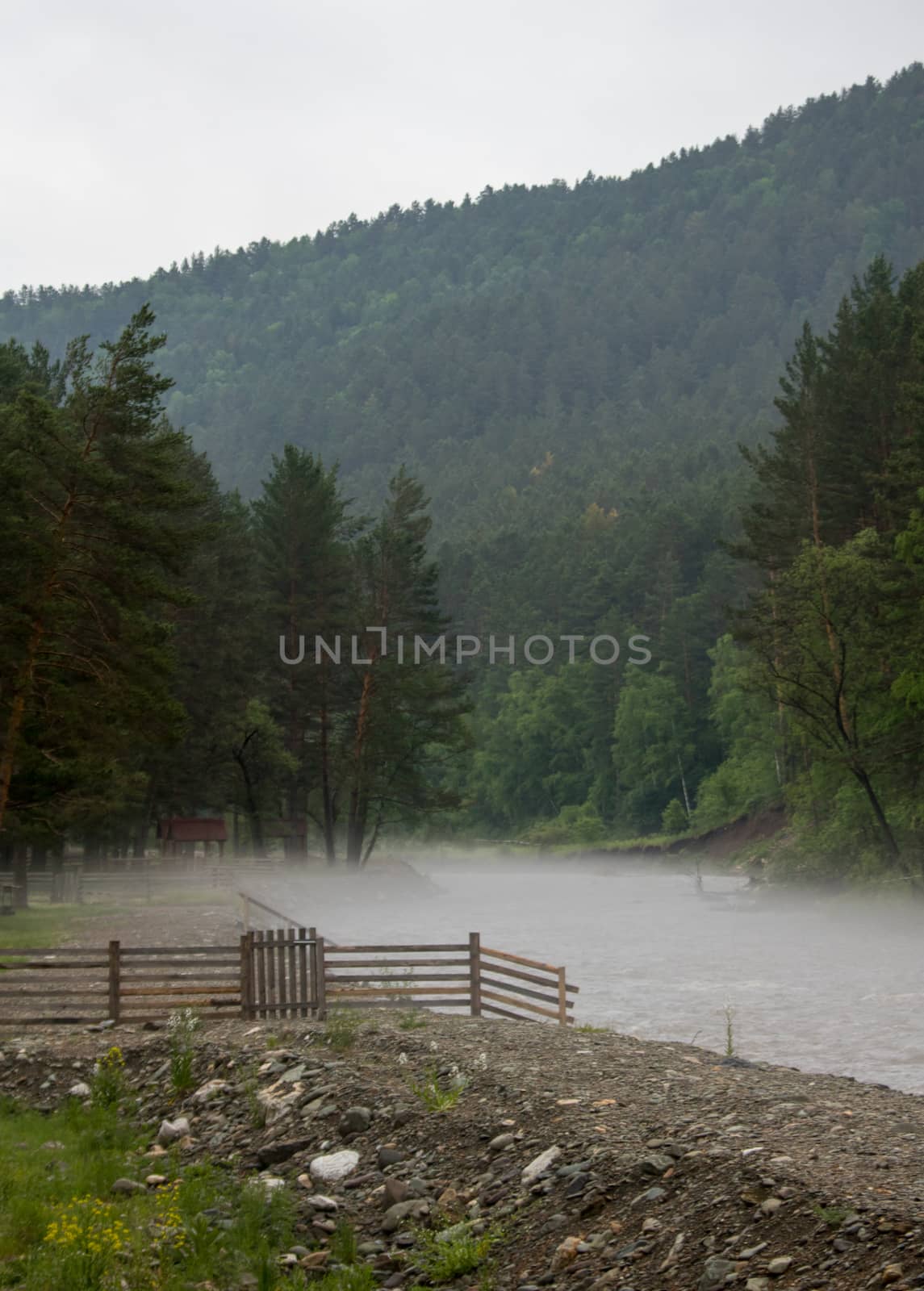 The fog is spread along the river early in the morning. by dpetrakov