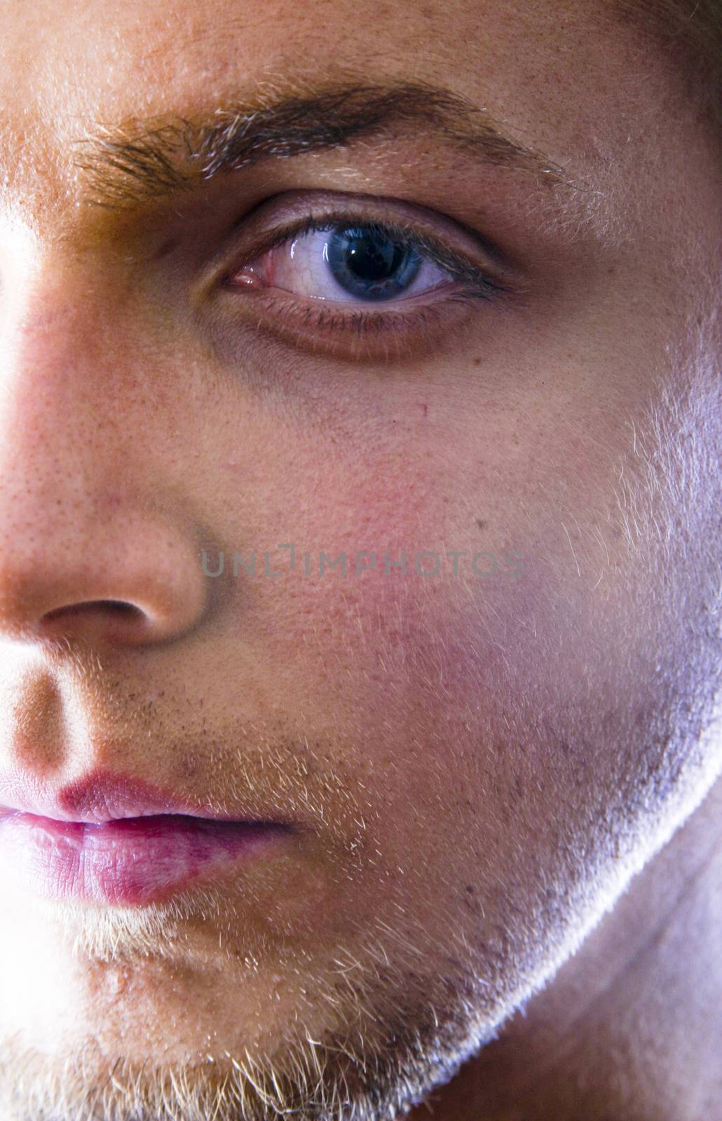 Extreme close up of a male face. Focus on eyes.