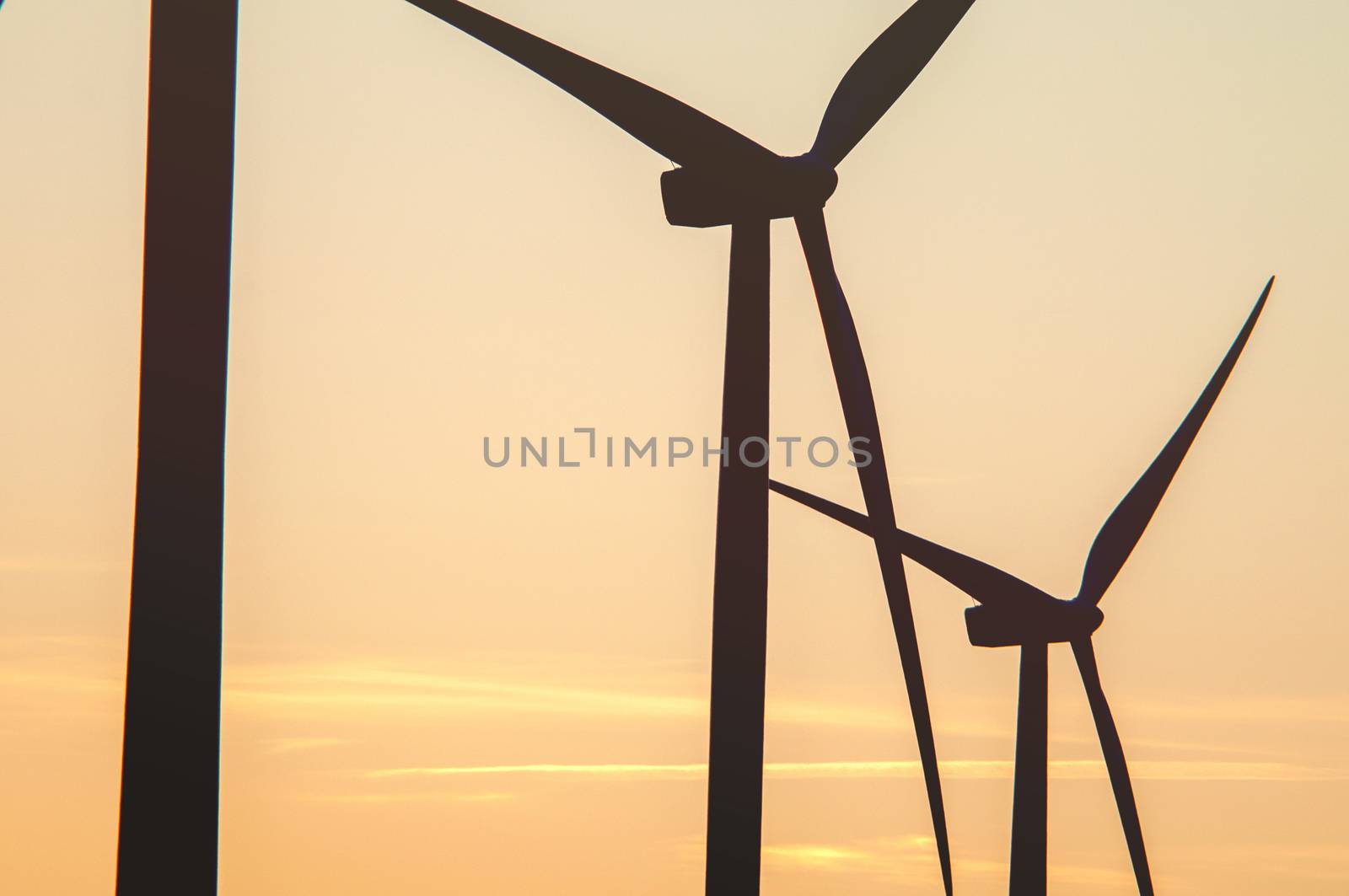 Wind turbine farm with rays of light at sunset