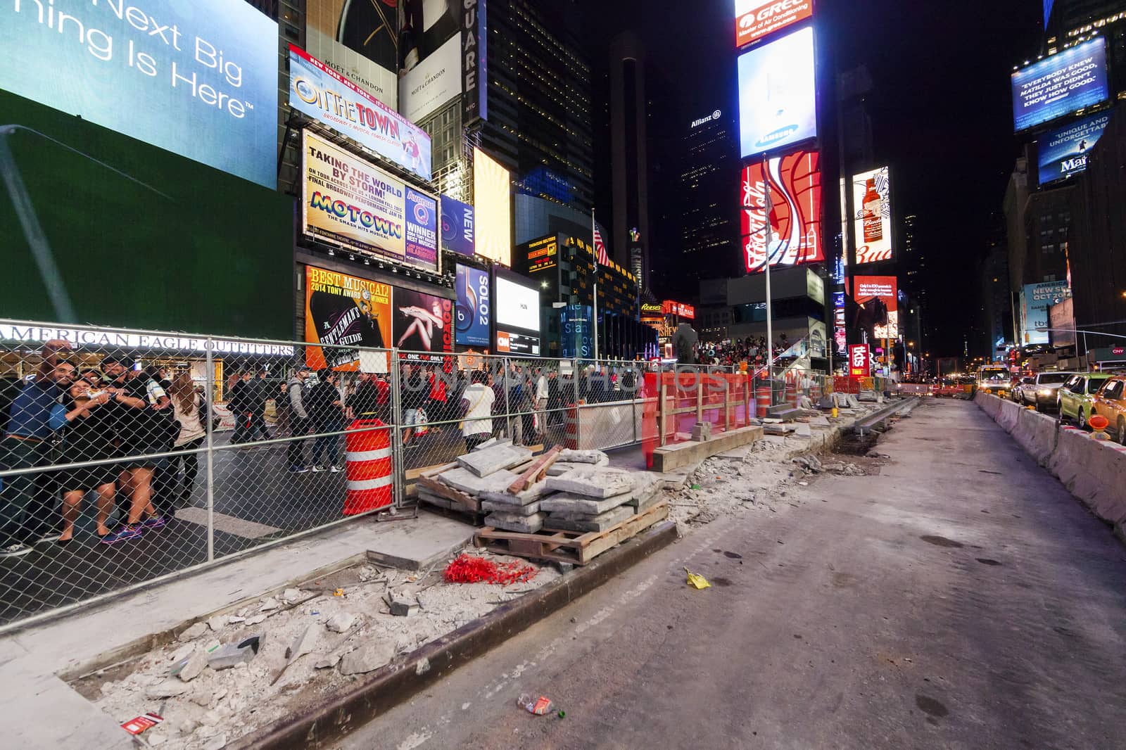 NEW YORK CITY, USA - OCT 4 : Times Square reconstruction of the road and Sidewalks. Taken on Manhattan October 4. 2014, New York City.