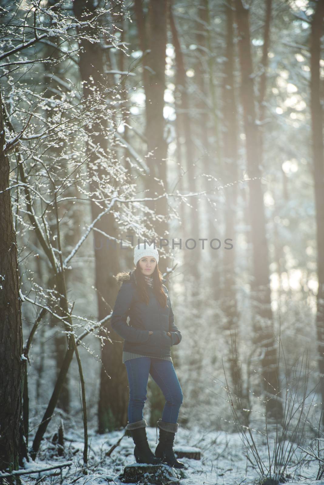 Young woman on a walk in snowy winter by Brejeq