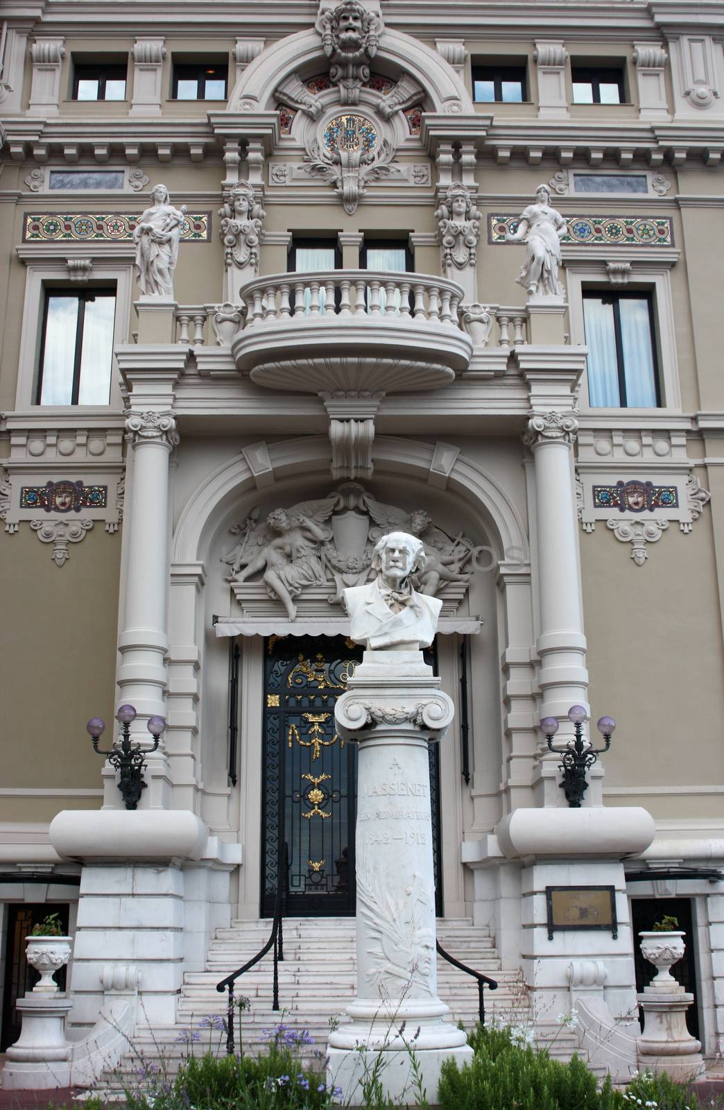 Monte Carlo, Monaco- July 12 2012: Statue to the French composer Jules Emile Frederic Massenet 1842- 1912 , Jules Massenet bust stands in the gardens of the Opera de Monte-Carlo