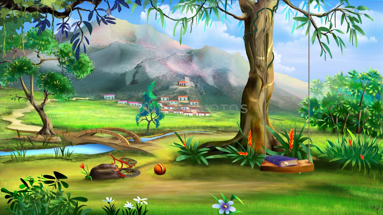 Fairy Tale Background with Swings and Small Bridge Over the Rive by Multipedia