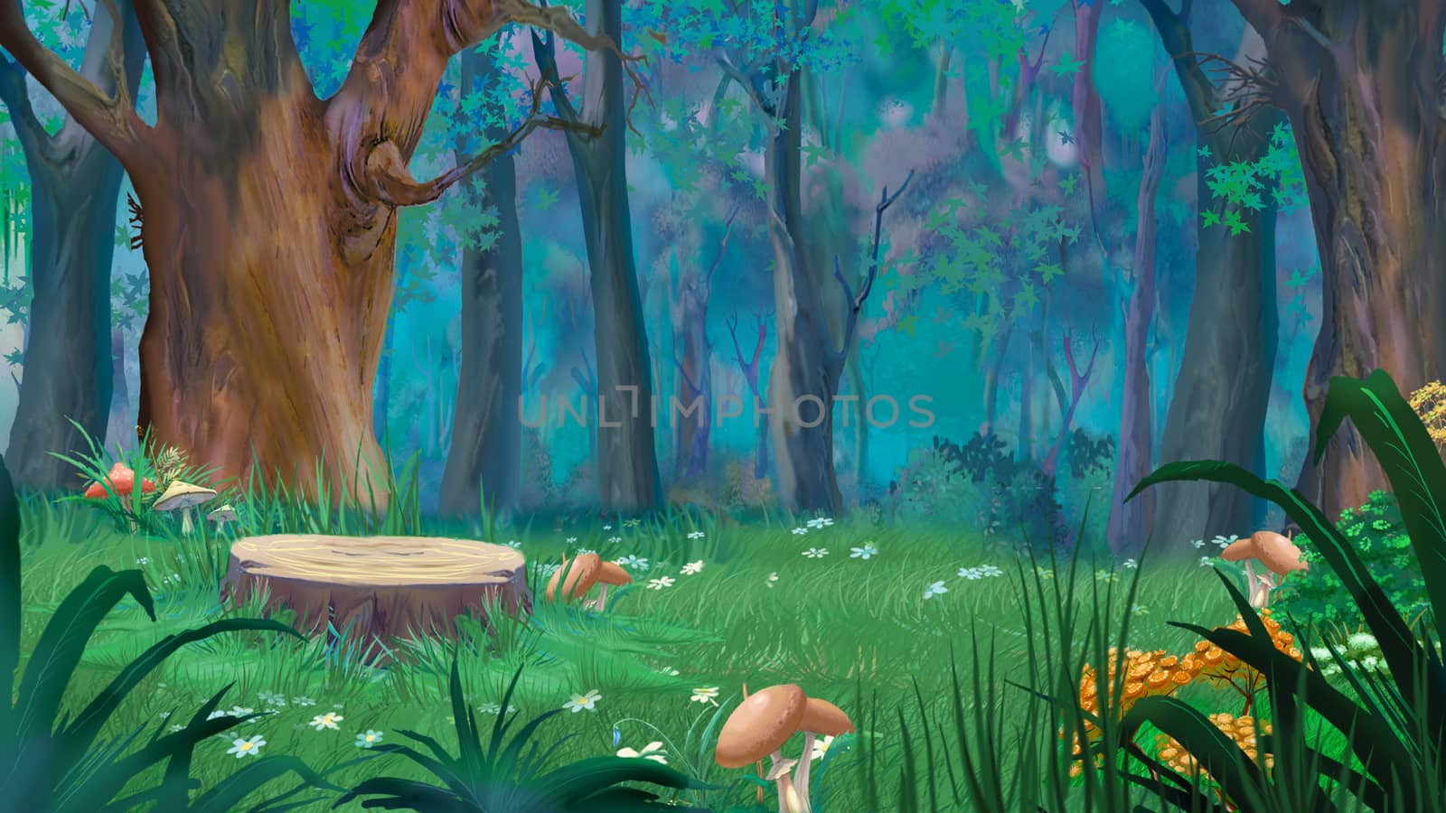 Forest Glade with Big Stump and Mushrooms in a Summer Day by Multipedia