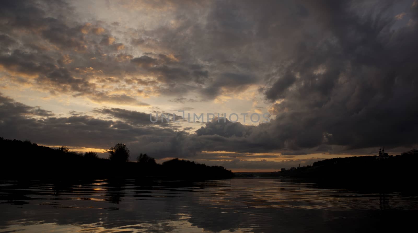 Panorama of sunset over the river with clouds late at night.